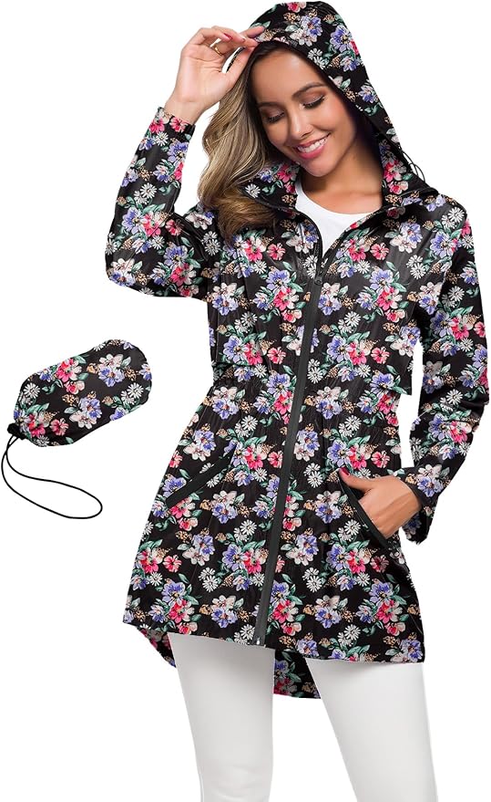 Avoogue Women's Long Raincoat with Hood Outdoor Lightweight Windbreaker Rain Jacket Waterproof