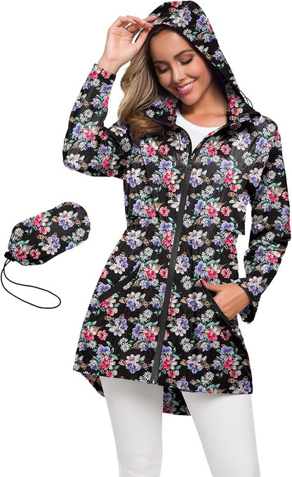 Avoogue Women's Long Raincoat with Hood Outdoor Lightweight Windbreaker Rain Jacket Waterproof