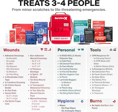 Large First Aid Kit for Car, Travel & Home - Emergency Kit for Hiking, Camping, Backpacking and Outdoors - Includes Zip Stitch Wound Closure Strips
