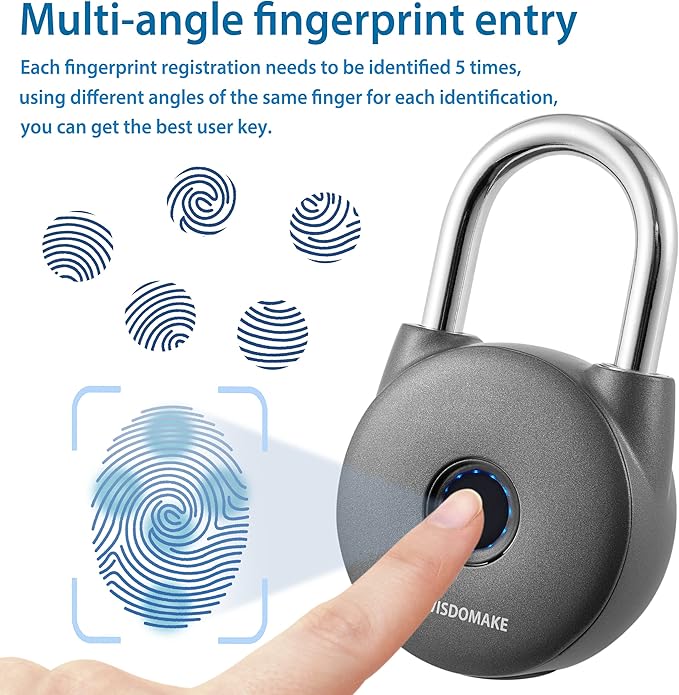 Fingerprint Padlock, Smart Lock with Key Backup, Waterproof for Gym, Luggage, Bookcase, Suitcase, Backpack, Bike, School Locker (Gray)