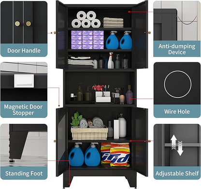69" Tall Metal Kitchen Pantry Storage Cabinet with Microwave Stand | White | Modern Freestanding Food Buffet Cabinet | Kitchen Hutch | Coffee Bar Hutch for Dining & Living Room
