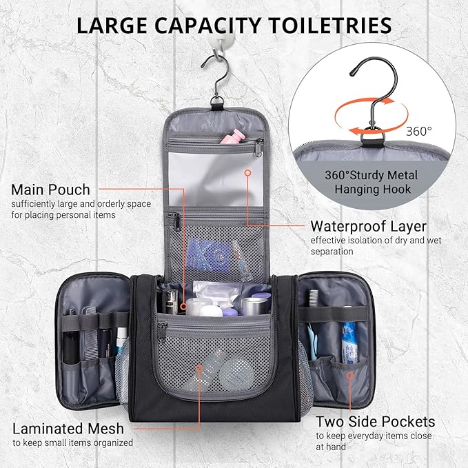 WITZMAN Toiletry Bag for Men Women Large Hanging Multi-organization Bathroom Bag Water-resistant Dopp Kit Shaving Bag Men(B690 Black)