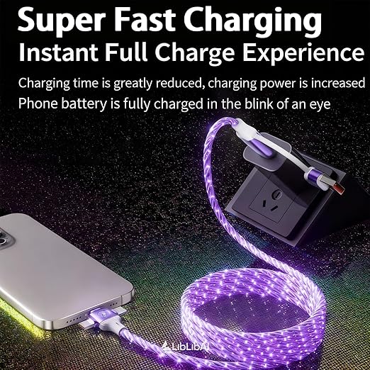 USB Cable PD Fast Charger Lighted Up(USB 6IN1 Starry Purple) Mobile Phone Data Cable,Fast Charging Cable,TPE Material,Compatible with Almost All Devices.