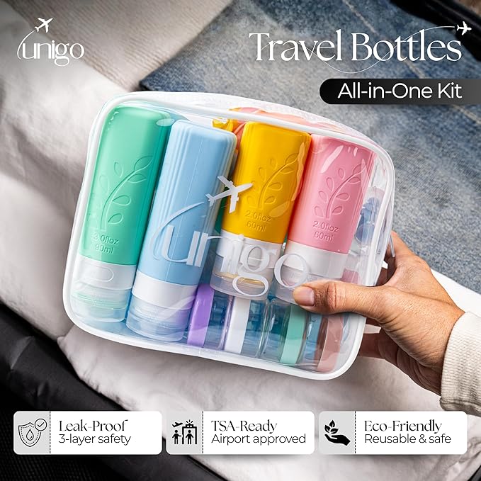 Unigo 30pack Full Set TSA Approved Travel Bottles, Travel Size Containers for Toiletries, Refillable Leakproof Travel Shampoo and Conditioner Bottles, Toiletry Containers,Extra Bottle Sleeves, (A-set)