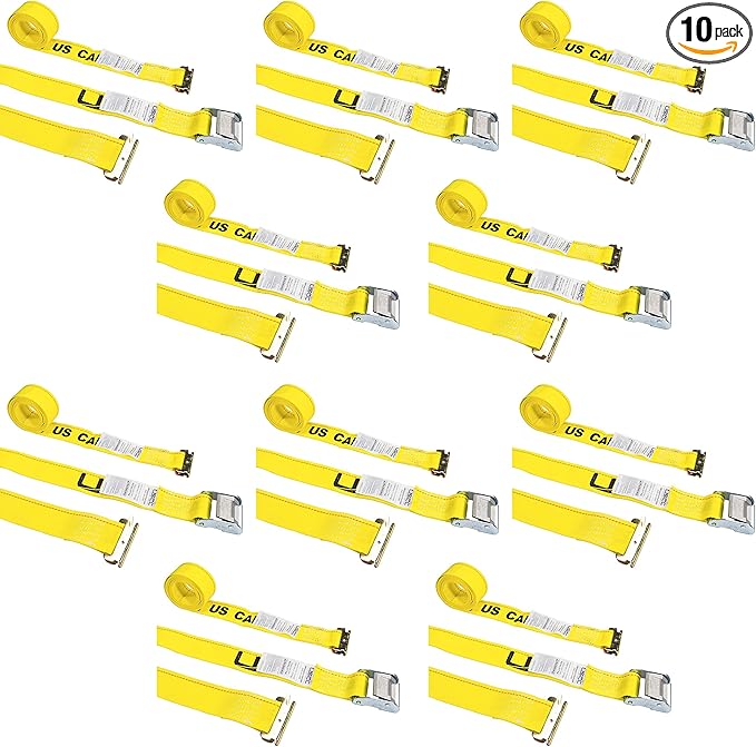 US Cargo Control E-Track Cam Buckle Straps (10-Pack), 2 Inch x 12 Foot E Track Straps with Cam Buckle and Spring E-Fittings, 2,500 LBS Break Strength, Easy-to-Use Tiedowns in Vans and Trailers