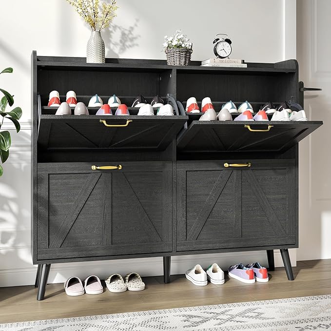 Shoe Storage Cabinet with 4 Flip Drawers, Shoe Cabinet Storage for Entryway Slim, Freestanding Black Shoe Cabinet, Farmhouse Shoe Organizer Hidden Shoe Cabinets with Wooden Legs, Black