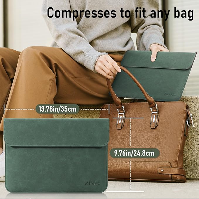 Allinside 13 Inch Laptop Sleeve Case for MacBook Air 13 2018-2025/MacBook Pro 13 2016-2022/Macbook Pro 14 2021-2024, Waterproof Matte PU Leather Horizontal Envelope Protective Case Cover, Dark Green