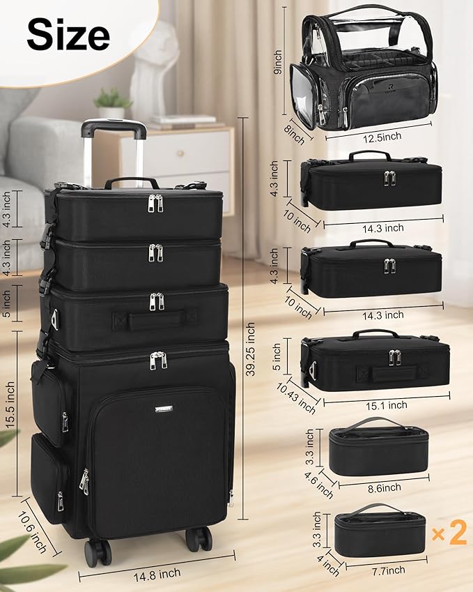 Relavel Rolling Makeup Case, 4 in 1 Hairstylist Traveling Bag with Clear Makeup Brush Case, Cosmetology Case on Wheels Large Hair Tools Cosmetics Train Case Makeup Artist Storage Organizer Trolley