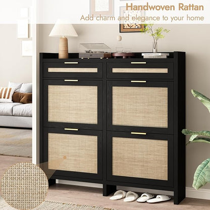Large Rattan Shoe Storage Cabinet with 4 Flip Drawers & 2 Storage Drawers – Hidden Slim Shoe Organizer for Entryway, Large Tabletop Space, Farmhouse Boho Narrow Shoe Rack, Rustic Black