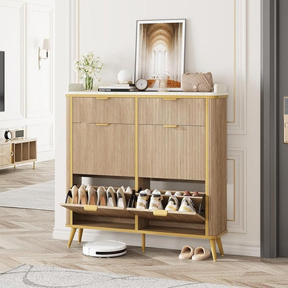 Fluted Shoe Cabinet Storage, Modern Slim Shoe Organizer Cabinet with 4 Flip Drawers & 2 Drawers, Wooden Freestanding Shoe Rack Cabinets for Entryway, Foyer, Hallway, Natural Oak