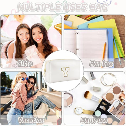 Gifts for Girls Initial Makeup Bag Personalized Cosmetic Bag with Zipper Cute Travel Toiletry Bags Waterproof PU Preppy Makeup Pouch Birthday Gift for Teen Girls Women(White Y)