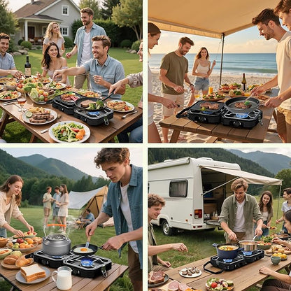Camping Stove Portable Propane Camp Stove with 3 Pot Set, 2 Burners Foldable Gas Stove with Independently Adjustable Heat,Camping Stove Propane for Outdoor Cooking,Tailgating & Backyard Gathering,BBQ