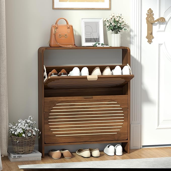 Wood Shoe Storage Cabinet with 2 Flip Drawer, Mid-Century Farmhouse Curved Corner Shoe Cabinet Arched Fluted Pattern, Hidden Narrow Shoe Organizer for Entryway, Living Room (Walnut, No-Divider)