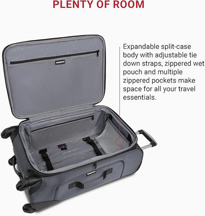 SwissGear Sion Softside Expandable Luggage – Medium Checked Suitcase with 360 Degree Wheels & Retractable Handle – 25 Inch, Perfect for 1-7 Night Trips – Dark Gray