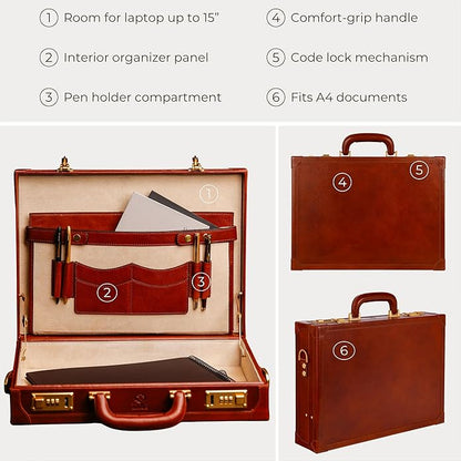 Time Resistance Leather Attache Case - Full Grain Italian Leather Briefcase - Laptop Bag up to 15” - Hard Case with Lock