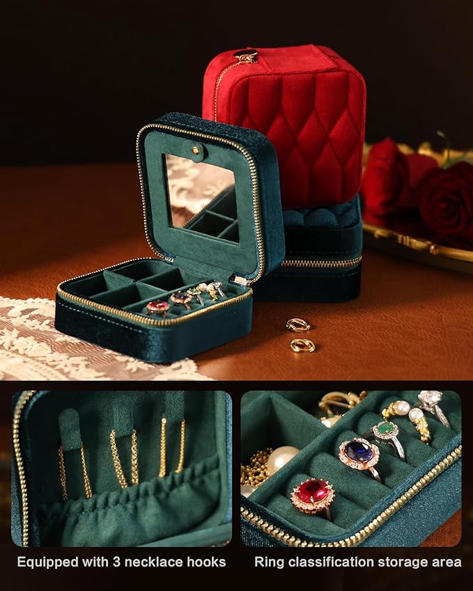 Velvet Jewelry Box – Travel Jewelry Case Organizer with Mirror, Adjustable Compartments for Women | Luxury Storage Case & Gift for Her - Light Blue