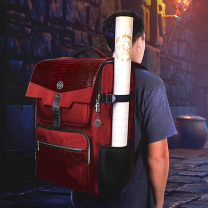 ENHANCE Collector's Edition DnD Backpack - RPG DM Bag for Dungeons and Dragons - DnD Bag fits 6-8 Books, 18" Laptop/DM Screen Slot, Miniature Foam Trays, Accessory Pockets, Map Strap (Dragon Red)
