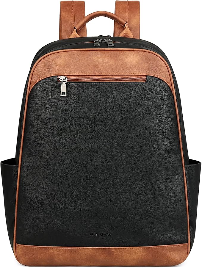 MASINTOR 15.6 inch Leather Laptop Backpack Purse for Women, Designer Travel and Work Bag with Laptop Compartment Black Brown