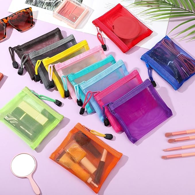 Jexine 24 Pcs Mini Zipper Mesh Bags Lipstick Cosmetic Accessories Organizer Nylon Makeup Zipper Pouch Small Cosmetic Bag for Purse Beauty Mesh Travel Pouch for Women(5 x 4 Inch,Vivid Color)