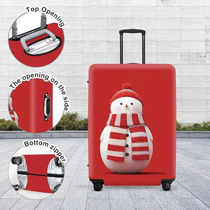 Snowman Christmas Luggage Cover - Red Background with Cute Snowman in Striped Scarf, Simple Stretchable Suitcase Cover 24 26 Inch