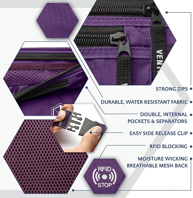 VENTURE 4TH Money Belt for Travel – Hidden Under-Clothes RFID Blocking Passport Holder & Slim Travel Wallet Pouch for Men & Women to Protect Cash, Cards & Documents (Purple)