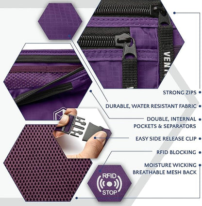 VENTURE 4TH Money Belt for Travel – Hidden Under-Clothes RFID Blocking Passport Holder & Slim Travel Wallet Pouch for Men & Women to Protect Cash, Cards & Documents (Purple)