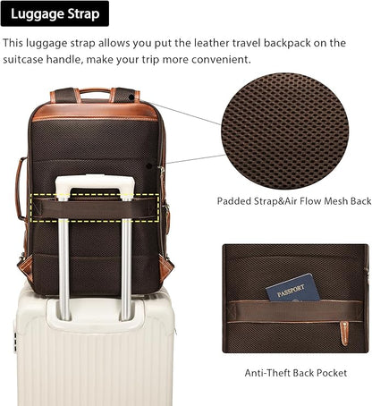 LANNSYNE Vegetable Tanned Leather Backpack for men, Expandable Leather Backpack Fits 15.6 Laptop, Tote Shoulder Travel Bag Rucksack
