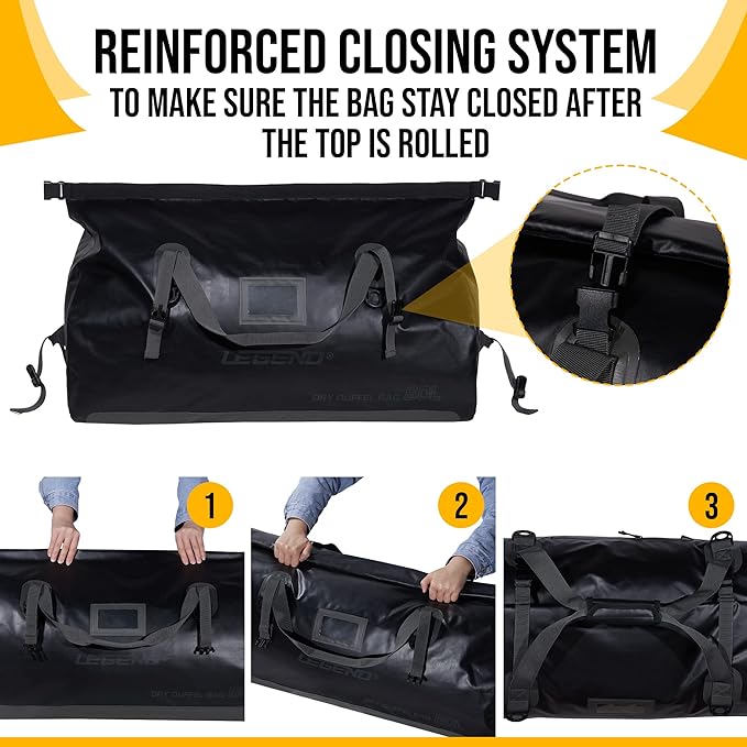 LEGEND Waterproof Duffel Bag - Heavy Duty Duffle Bag for Outdoor, Camping, Boating & Travel, Premium PVC Dry Duffel Bag, Motorcycle Dry Bag with Durable Strap & Handles with Large Storage - 40L Black