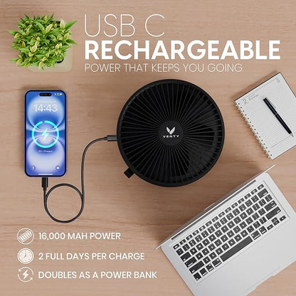 VENTY Portable Fan - Wireless Battery Operated Fan - 4 Speeds - LED Lighting - Carry Case & Remote Control - Cruise Travel - Outdoor Travel RV Power Bank With USB-C Port (Black with Case)