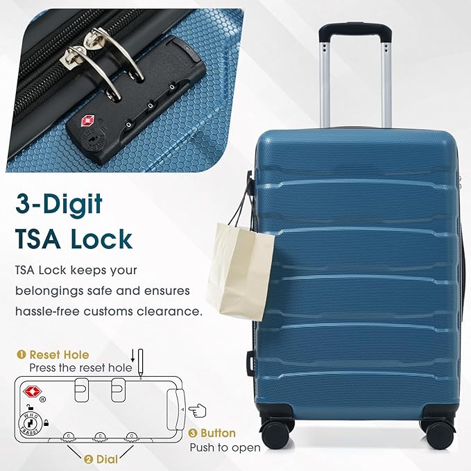 28 Inch Blue Hardshell Checked Luggage with Spinner Wheels, Expandable ABS Suitcase with TSA Lock, Travel Luggage with Telescopic Handle