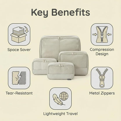 4 Piece Compression Packing Cubes for Suitcases and Backpack, Lightweight Travel Organizer Bags (Off White)