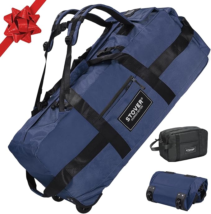 STOVER 80L Rolling Duffel Bag with Wheels, Large 31 Inch Durable Travel Duffle + Toiletry Bag, Heavy Duty, Packable, Foldable w/Shoulder Straps- Use as Luggage or Backpack, Men/Women (Blue)