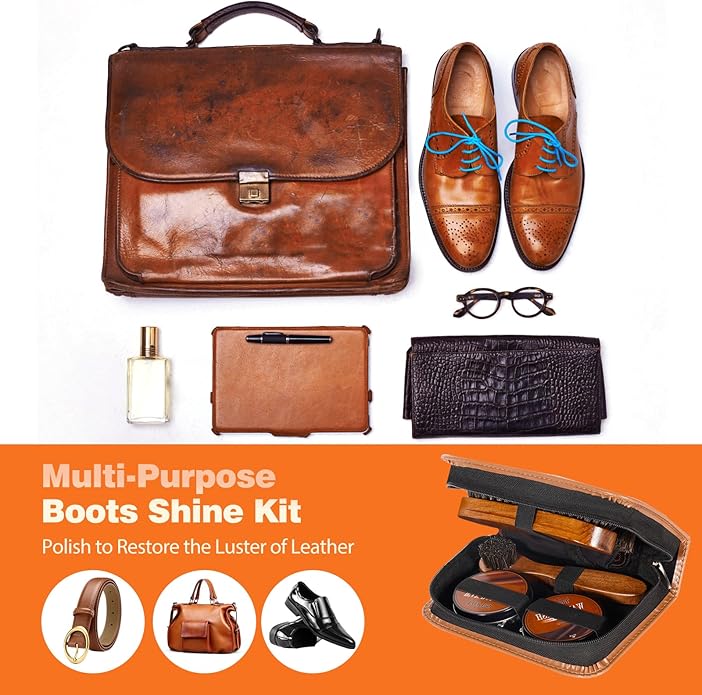 TOPUS Shoe Polish Kit Include 3 Pieces Horsehair Shoe Brushes in 6.7IN Handle, 1.4oz Black & Brown Shoe Polish & Shine Cloths