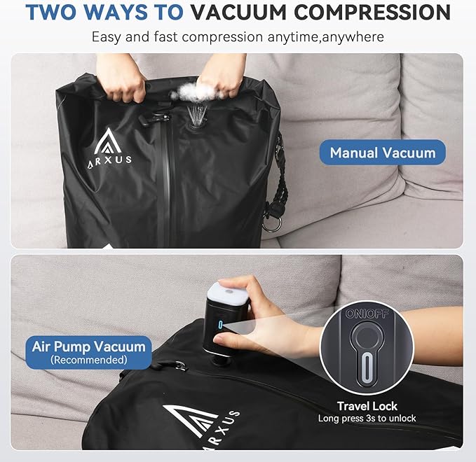 Arxus Vacuum Bags for Travel Airless, Compression Seal Packing Cubes with Adjustable Shoulder Strap, IP67 Reusable Portable Moving Supplies Kit for Clothing Storage, Luggage, Backpack, Suitcase