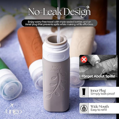 unigo Travel Bottles For Toiletries, 3.oz TSA Approved Containers, Travel Size Toiletries, Shampoo and Conditioner Bottles, Leak Proof and Refillable Bottles, Extra Bottle Covers (Multicolor C)