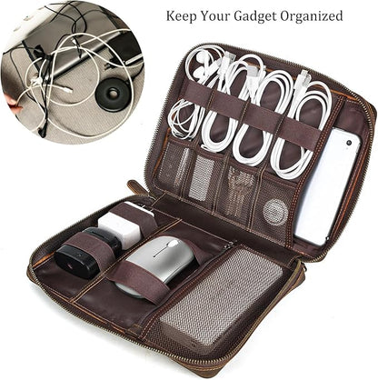 Polare Full Grain Leather Travel Cable Organizer Case Electronics Accessories Carry Bag with YKK Zippers Tech Storage Bag for Cables, Power Bank, USB, SD Card, Travel Essentials