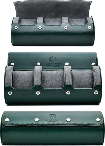 Watch Cases for Men – Travel Watch Roll Case – 3 Watch Travel Case Holder Organizer and Display - Royal Green Vegan Leather