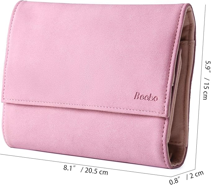 Becko US Jewelry Organizer Roll Travel Jewel Bag case for Multiple Necklaces, Rings, Bracelets, Supple Leather & Suede, Large Capacity Without Crease, Lightweight, Portable & Practical (Pink)