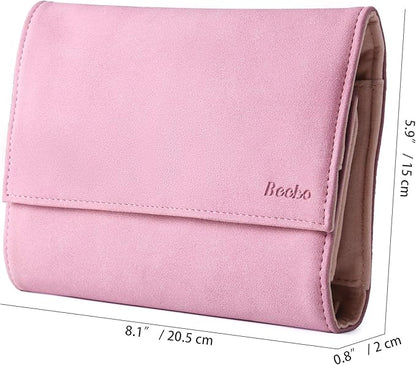 Becko US Jewelry Organizer Roll Travel Jewel Bag case for Multiple Necklaces, Rings, Bracelets, Supple Leather & Suede, Large Capacity Without Crease, Lightweight, Portable & Practical (Pink)