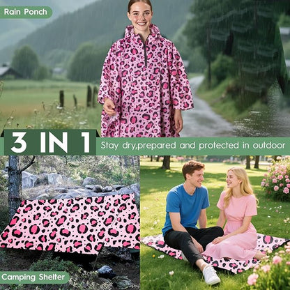 Bruvoalon 3-in-1 Rain Poncho with 1/4 Zip & Chest Pocket, Waterproof, Sunshade, Ground Mat for Adults & Youth Emergency