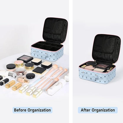 Travel Makeup Bag,Waterproof Cosmetic Organizer, Adjustable Dividers,Portability Cosmetic Train Case,Makeup organizer,Gift for Women,Girls Gift (Blue+Pink)