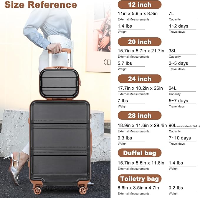 Kono Luggage Set 4 Piece Carry On Hardside Luggage with TSA Lock Spinner Wheels Lightweight PC+ABS Carry On Suitcase Apricot Black
