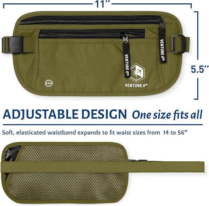 VENTURE 4TH Money Belt for Travel – Hidden Under-Clothes RFID Blocking Passport Holder & Slim Travel Wallet Pouch for Men & Women to Protect Cash, Cards & Documents (Green)