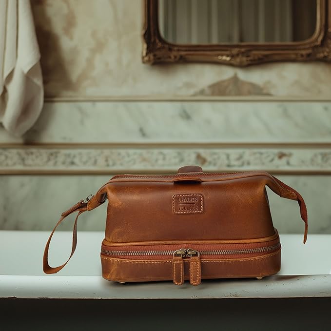 LEATHER VILLAGE Genuine Leather Dopp Kit – Large Travel Toiletry Bag with Waterproof Lining, Dual-Zip Design for Men & Women, Organizer for Shaving, Makeup & Essentials - Tan
