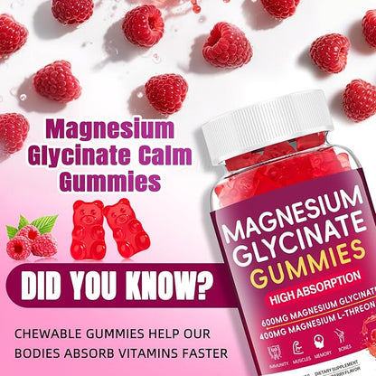 Magnesium Glycinate Gummies 600mg, High Absorption Magnesium Gummies with L-Threonate, Calcium, Vitamin B6, Sugar Free Chews for Adults & Kids Relaxation, Stress Relief Raspberry (60 Count)