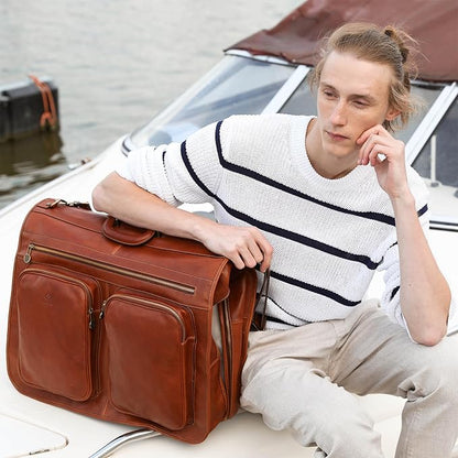 Time Resistance Leather Garment Bag - Slim Suit Duffel Carry-On Suitcase for Dress Protection (Cognac Brown)