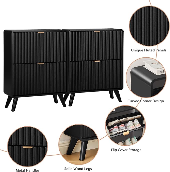 RARZOE Set of 2 Fluted Shoe Storage Cabinets for Entryway, Narrow Curved Shoe Cabinet with 2 Flip Drawers, Freestanding Wood Hidden Shoe Organizer Closed Shoe Rack Cabinet for Foyer,Hallway (Black)