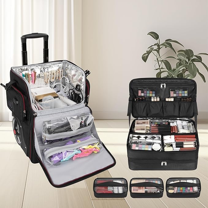 OCHEAL Rolling Makeup Train Case,with 7 Pcs Clear Makeup Bags, Makeup Case On Wheels Carry On Travel Cosmetic Organizer Suitcase, Extra Large Storage Trolley for Hairstylist Cosmetology Artist