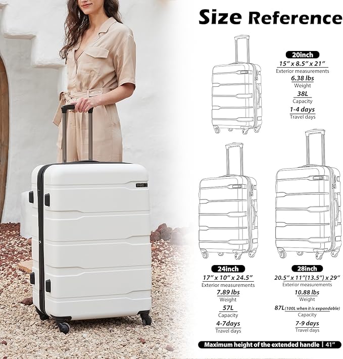 Coolife Luggage PC+ABS Hardshell Suitcase with TSA Lock, Spinner Checked Lightweight (White, 24in)