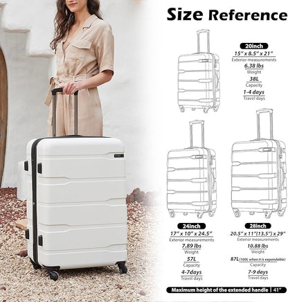Coolife Luggage PC+ABS Hardshell Suitcase with TSA Lock, Spinner Checked Lightweight (White, 24in)